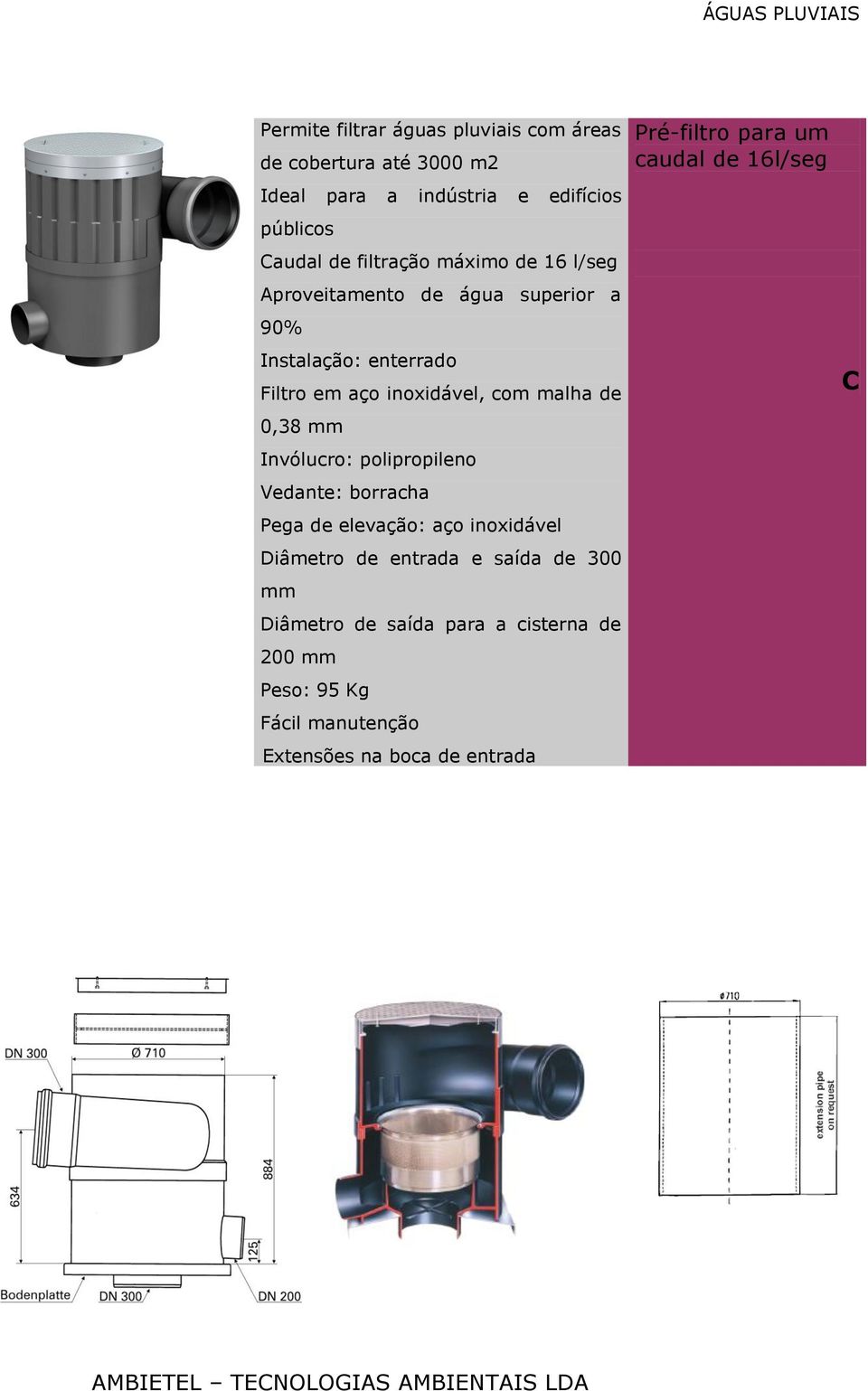 de 0,38 mm Invólucro: polipropileno Vedante: borracha Pega de elevação: aço inoxidável Diâmetro de entrada e saída de 300 mm