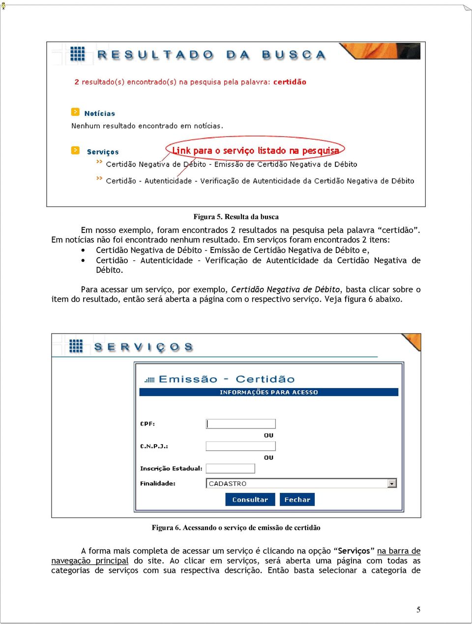 Para acessar um serviço, por exemplo, Certidão Negativa de Débito, basta clicar sobre o item do resultado, então será aberta a página com o respectivo serviço. Veja figura 6 abaixo. Figura 6.