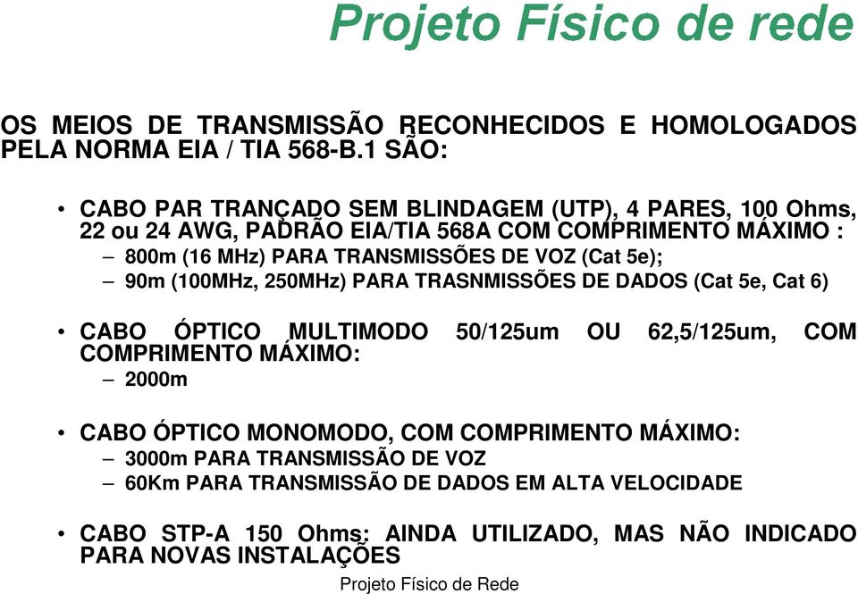 TRANSMISSÕES DE VOZ (Cat 5e); 90m (100MHz, 250MHz) PARA TRASNMISSÕES DE DADOS (Cat 5e, Cat 6) CABO ÓPTICO MULTIMODO COMPRIMENTO MÁXIMO: 50/125um OU