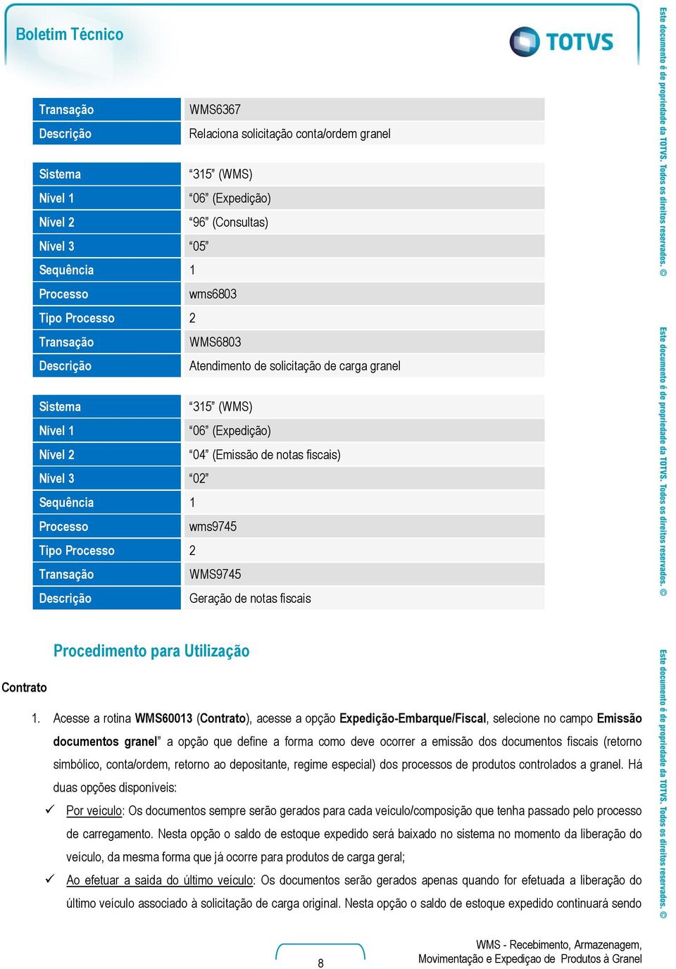 Acesse a rotina WMS60013 (Contrato), acesse a opção Expedição-Embarque/Fiscal, selecione no campo Emissão documentos granel a opção que define a forma como deve ocorrer a emissão dos documentos