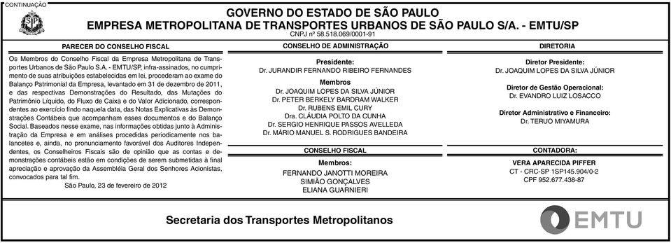 Os Membros do Conselho Fiscal da Empresa Metropolitana de Transportes Urbanos de São Paulo S.A.