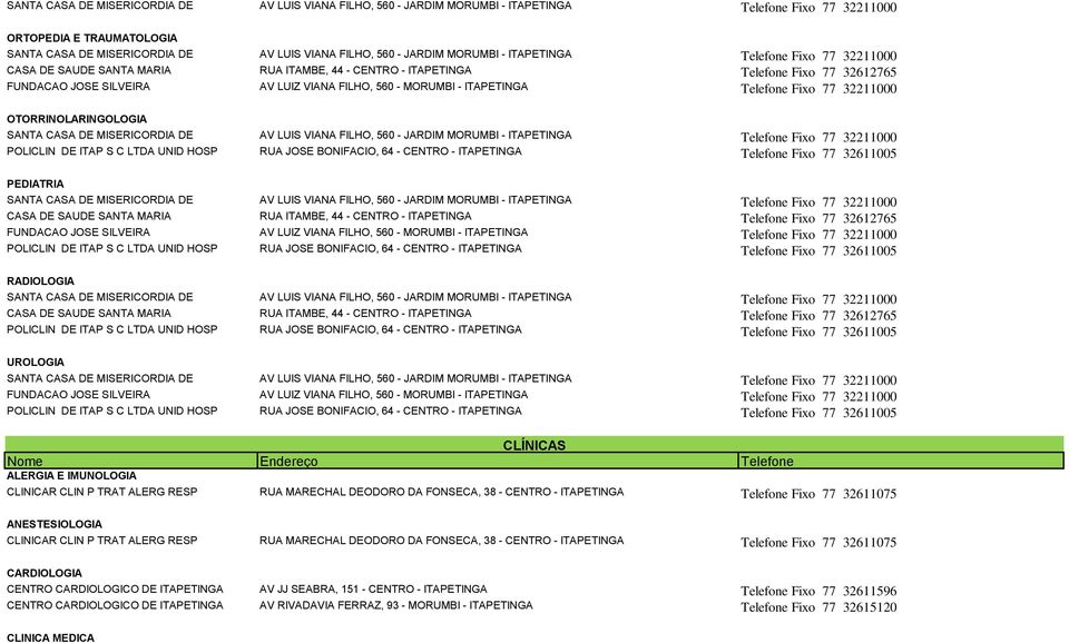 Telefone Fixo 77 32612765 POLICLIN DE ITAP S C LTDA UNID HOSP RUA JOSE BONIFACIO, 64 - CENTRO - Telefone Fixo 77 32611005 UROLOGIA FUNDACAO JOSE SILVEIRA AV LUIZ VIANA FILHO, 560 - MORUMBI - Telefone