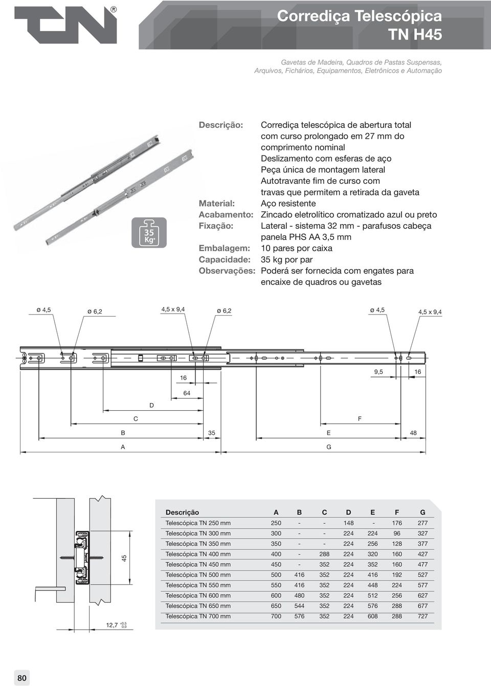 resistente Acabamento: Zincado eletrolítico cromatizado azul ou preto Fixação: Lateral - sistema mm - parafusos cabeça panela PHS AA 3,5 mm Embalagem: 10 pares por caixa Capacidade: 35 kg por par