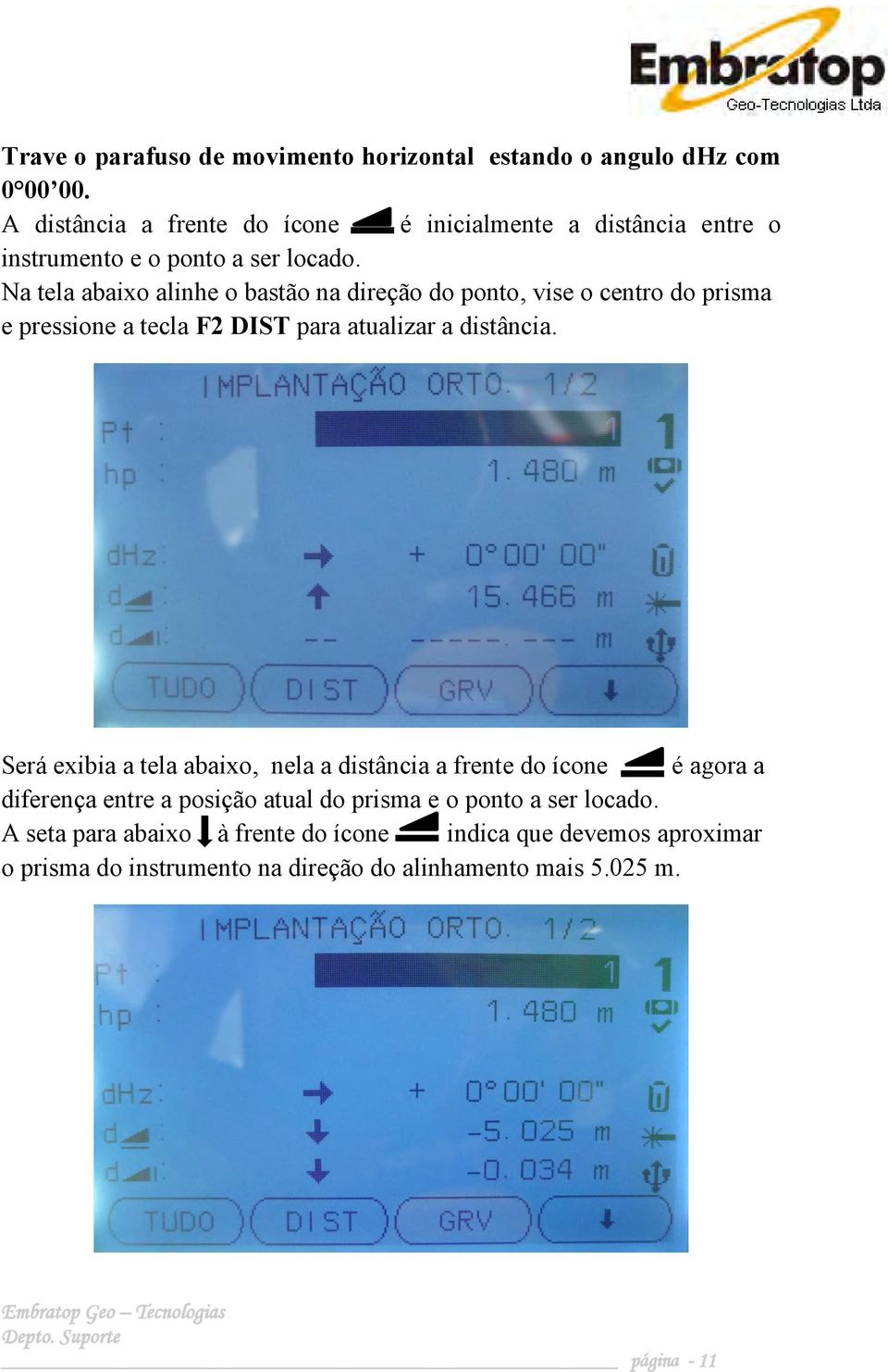 Na tela abaixo alinhe o bastão na direção do ponto, vise o centro do prisma e pressione a tecla F2 DIST para atualizar a distância.