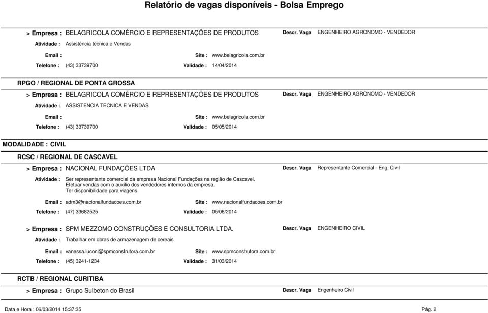 www.belagricola.com.br MODALIDADE : CIVIL RCSC / REGIONAL DE CASCAVEL NACIONAL FUNDAÇÕES LTDA Representante Comercial - Eng.