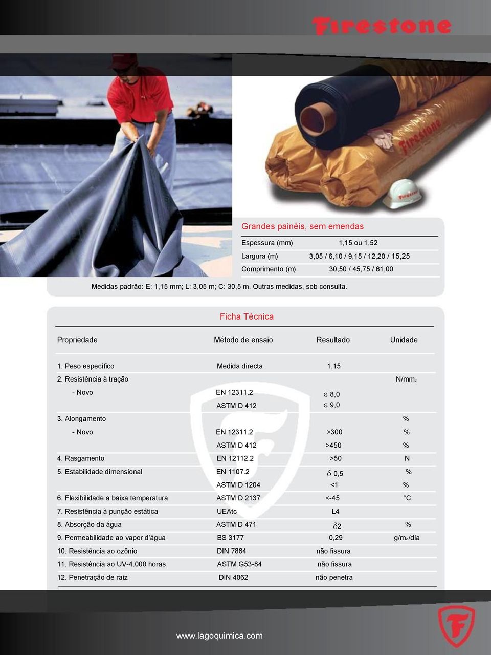 Alongamento - Novo EN 12311.2 >300 ASTM D 412 >450 4. Rasgamento EN 12112.2 >50 N 5. Estabilidade dimensional EN 1107.2 0,5 ASTM D 1204 <1 6. Flexibilidade a baixa temperatura ASTM D 2137 <-45 C 7.