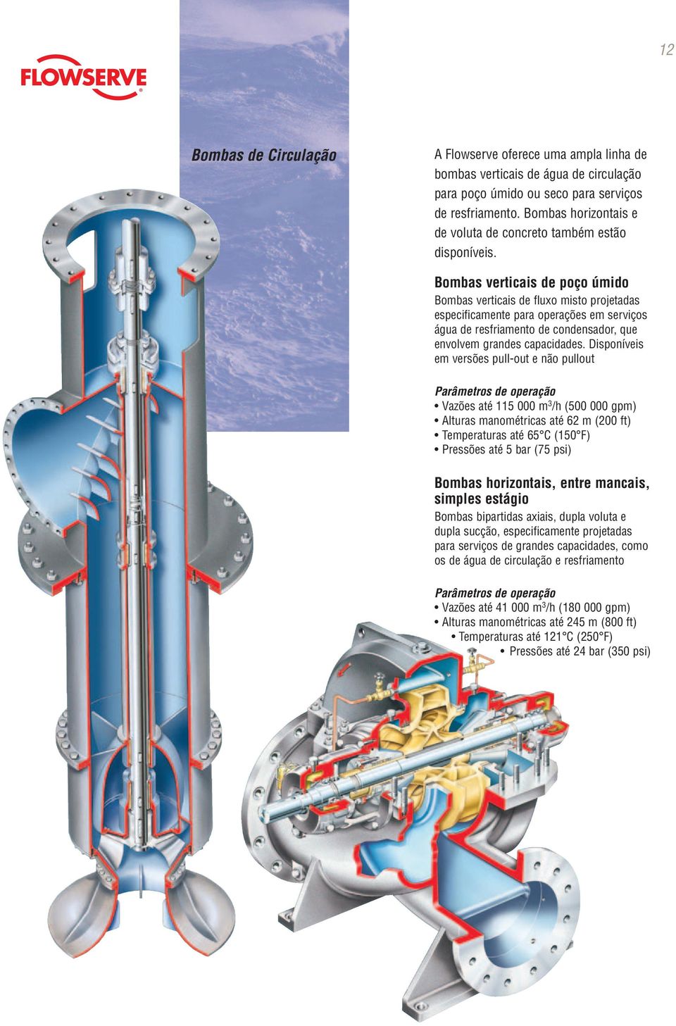 Bombas verticais de poço úmido Bombas verticais de fluxo misto projetadas especificamente para operações em serviços água de resfriamento de condensador, que envolvem grandes capacidades.
