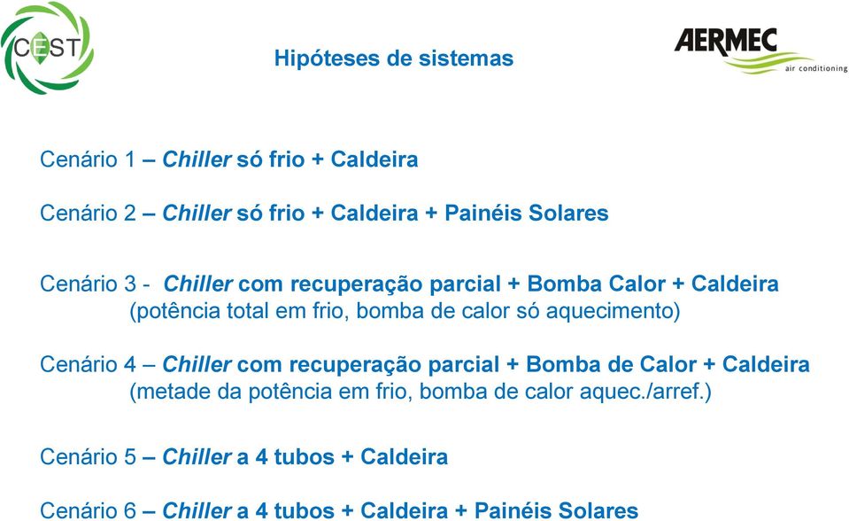 aquecimento) Cenário 4 Chiller com recuperação parcial + Bomba de Calor + Caldeira (metade da potência em frio,