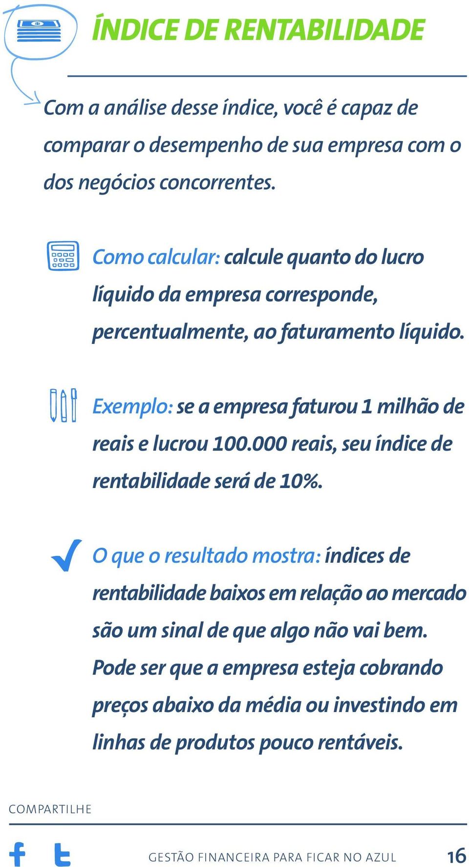 Exemplo: se a empresa faturou 1 milhão de reais e lucrou 100.000 reais, seu índice de rentabilidade será de 10%.