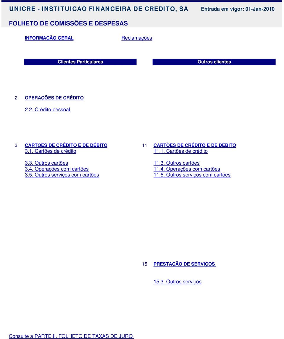 1. Cartões de crédito 3.3. Outros cartões 11.3. Outros cartões 3.4. Operações com cartões 11.4. Operações com cartões 3.5.