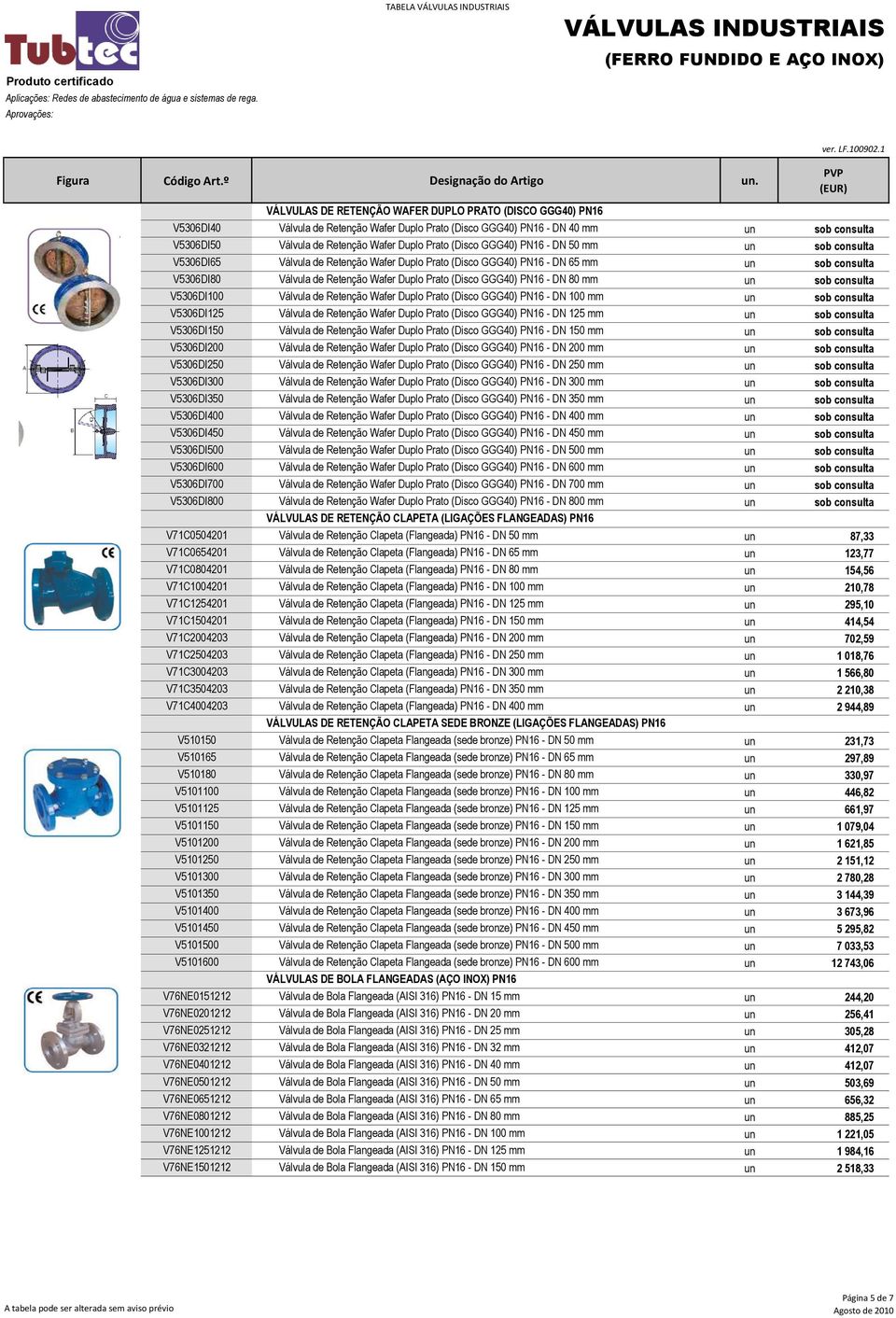 GGG40) PN16 - DN 80 mm un sob consulta V5306DI100 Válvula de Retenção Wafer Duplo Prato (Disco GGG40) PN16 - DN 100 mm un sob consulta V5306DI125 Válvula de Retenção Wafer Duplo Prato (Disco GGG40)