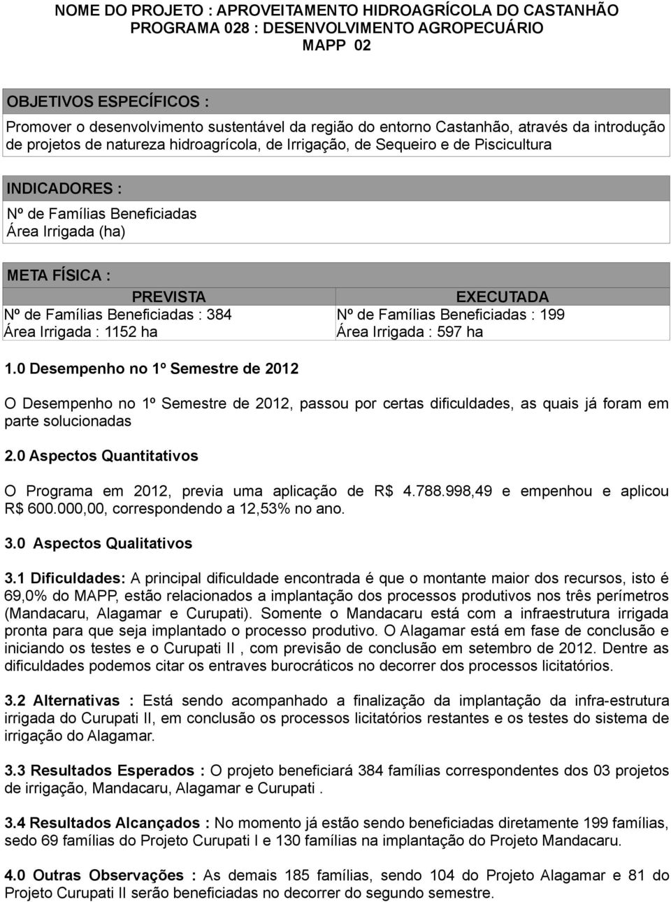 Nº de Famílias Beneficiadas : 384 Área Irrigada : 1152 ha EXECUTADA Nº de Famílias Beneficiadas : 199 Área Irrigada : 597 ha 1.