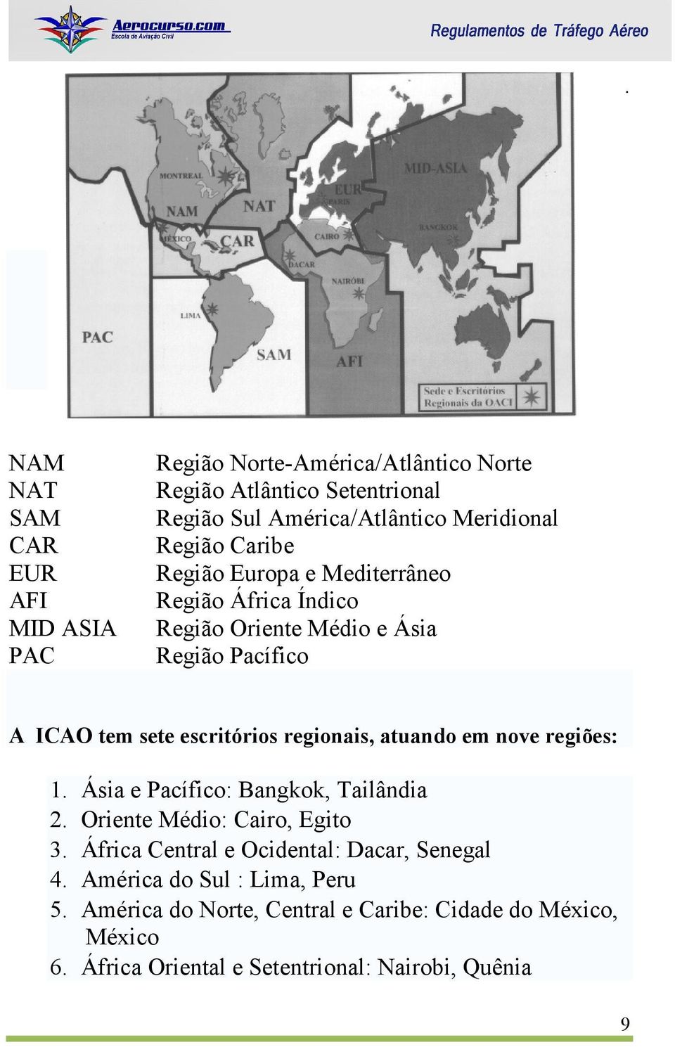 regionais, atuando em nove regiões: 1. Ásia e Pacífico: Bangkok, Tailândia 2. Oriente Médio: Cairo, Egito 3.