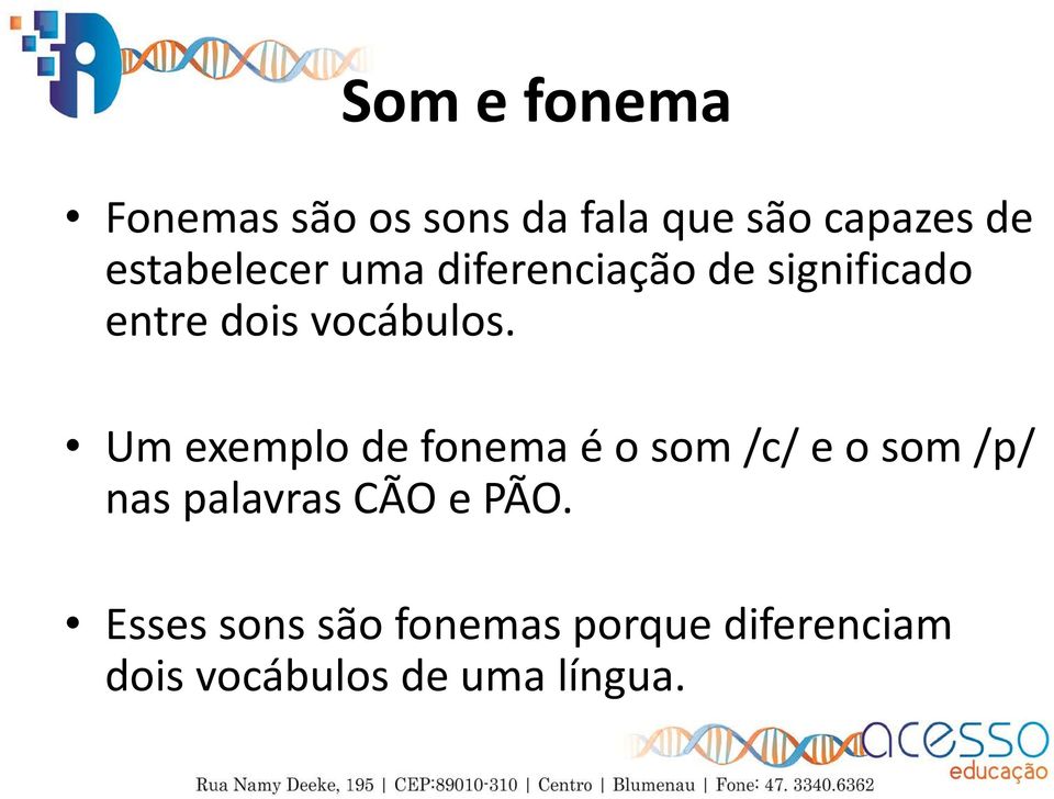 Um exemplo de fonema é o som /c/ e o som /p/ nas palavras CÃO e