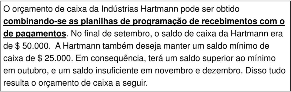 A Hartmann também deseja manter um saldo mínimo de caixa de $ 25.000.
