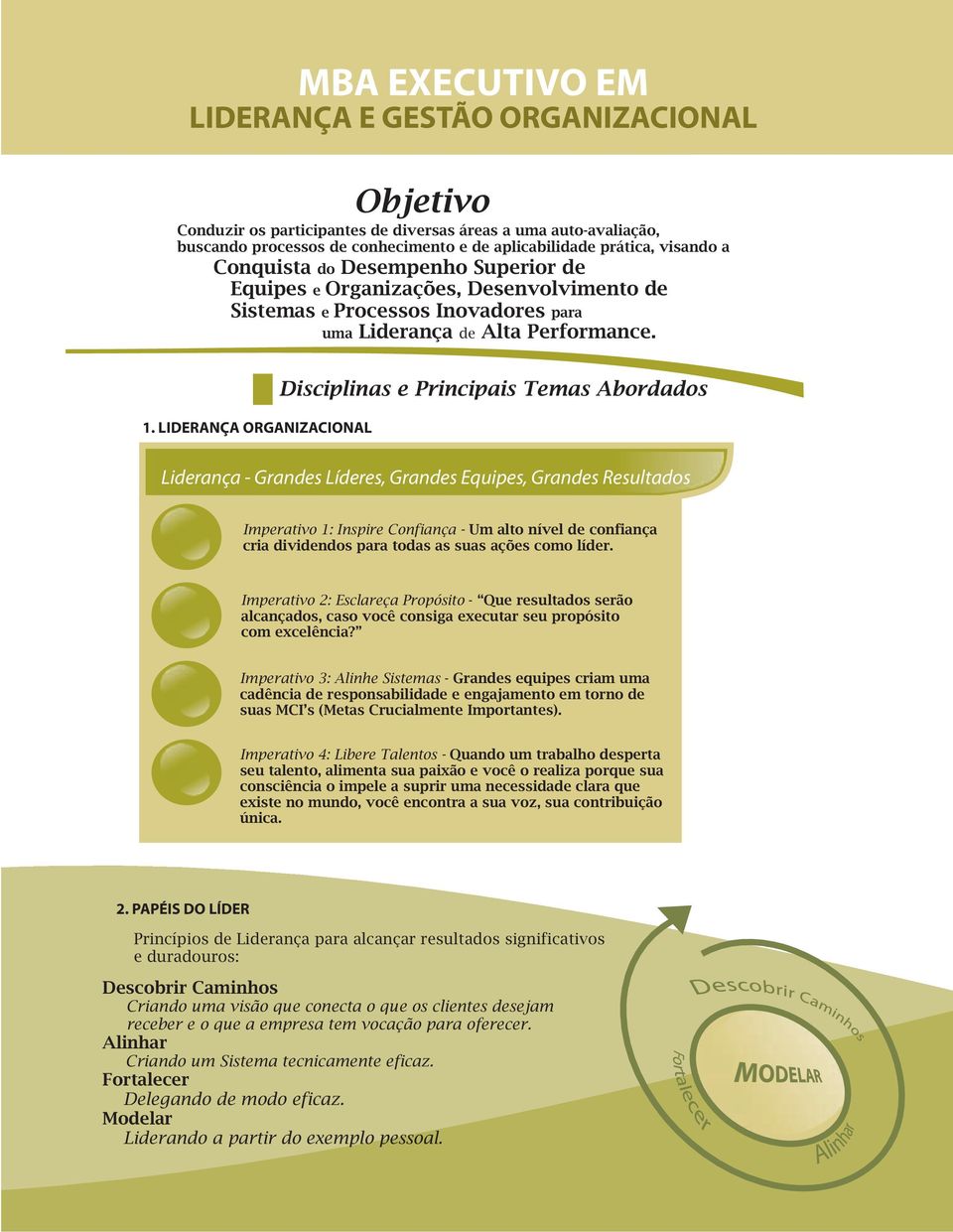 LIDERANÇA ORGANIZACIONAL Disciplinas e Principais Temas Abordados Liderança - Grandes Líderes, Grandes Equipes, Grandes Resultados Imperativo 1: Inspire Confiança - Um alto nível de confiança cria