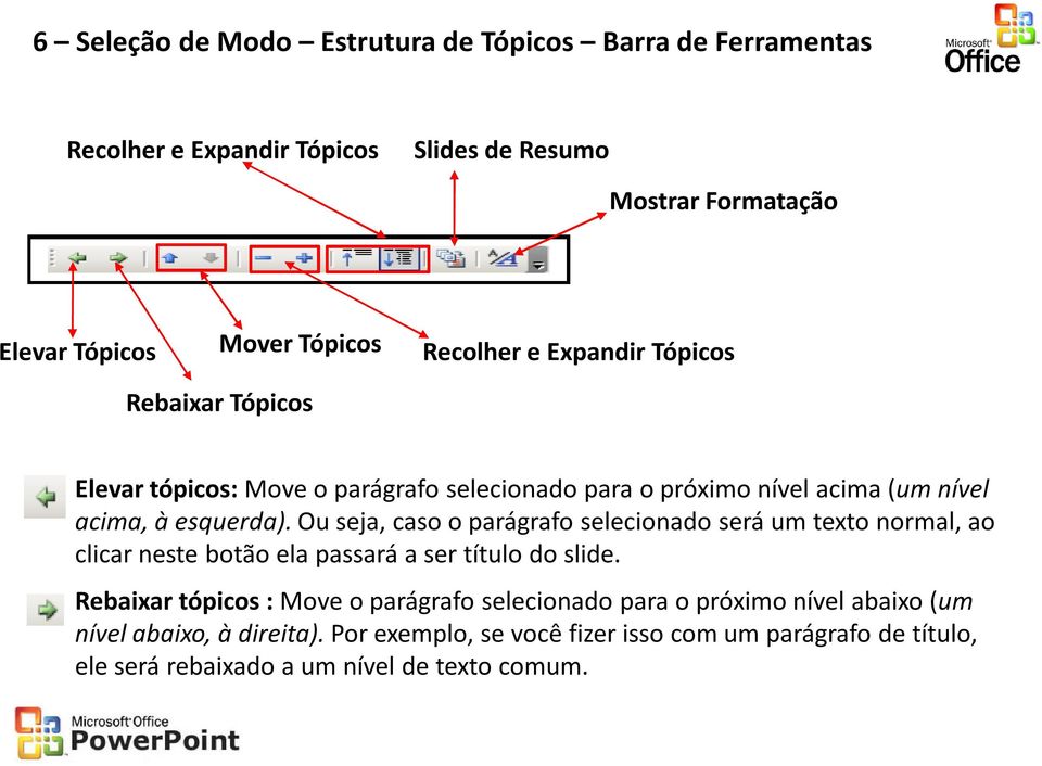 Ou seja, caso o parágrafo selecionado será um texto normal, ao clicar neste botão ela passará a ser título do slide.