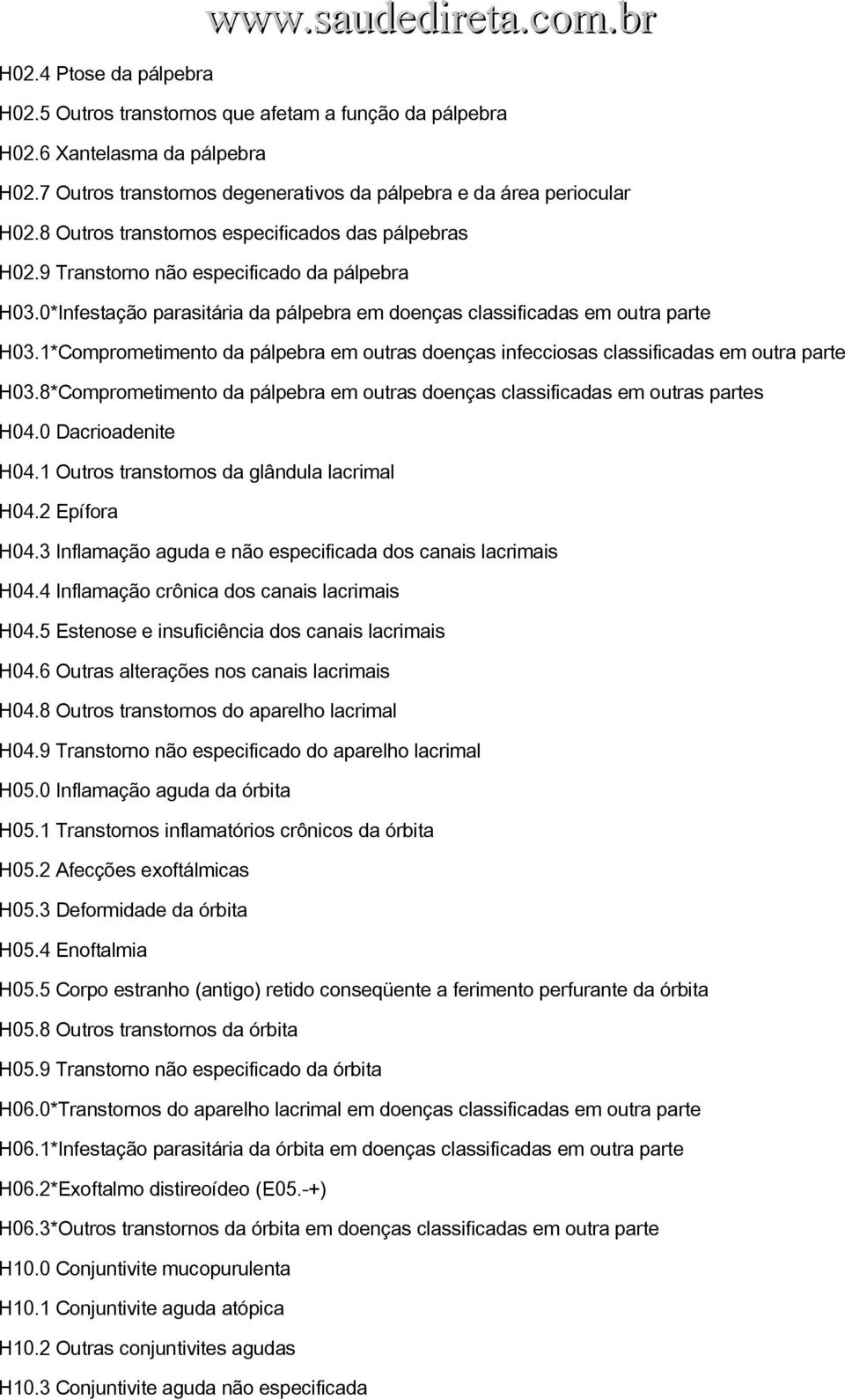 1*Comprometimento da pálpebra em outras doenças infecciosas classificadas em outra parte H03.8*Comprometimento da pálpebra em outras doenças classificadas em outras partes H04.0 Dacrioadenite H04.