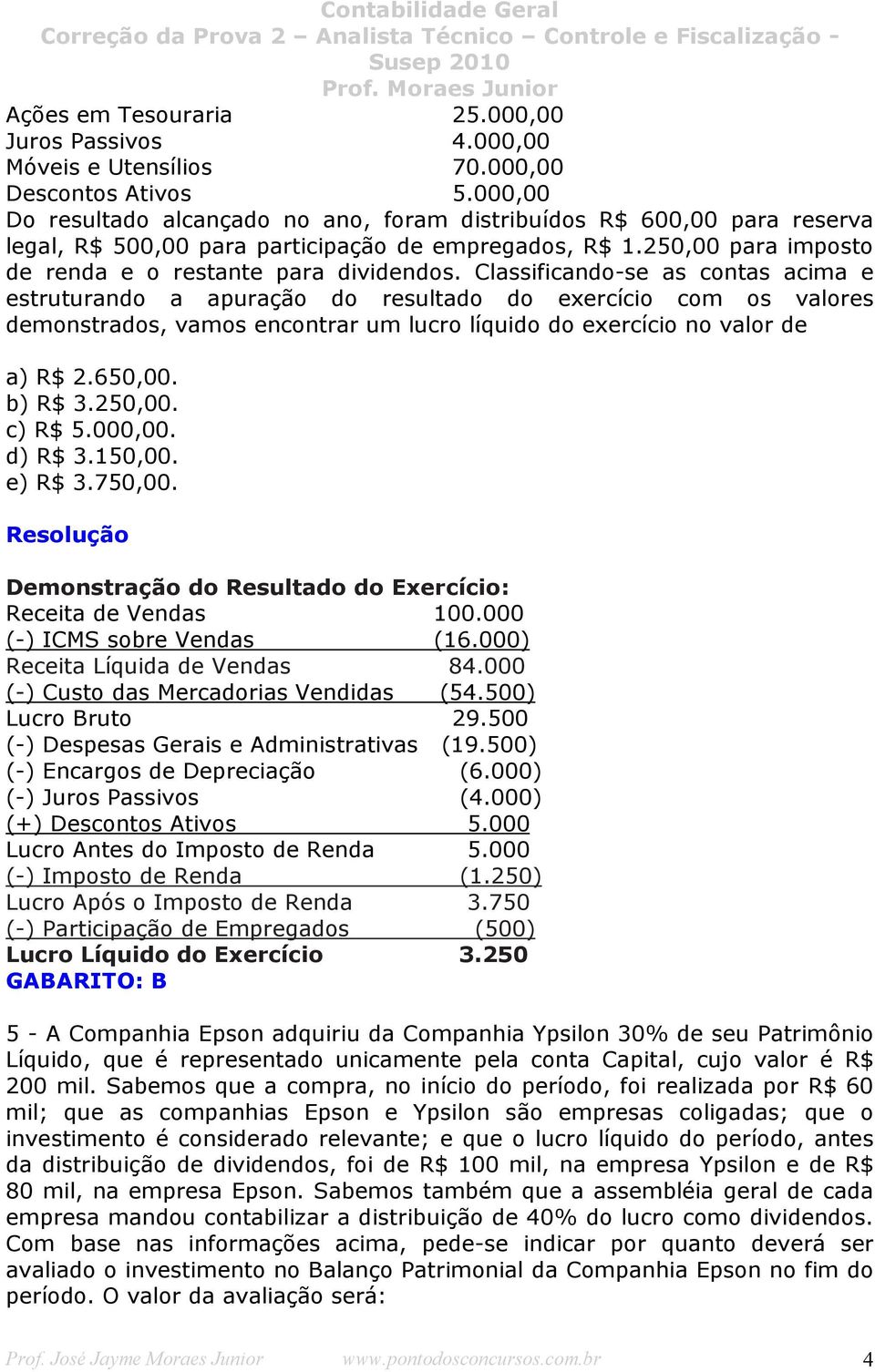 Classificando-se as contas acima e estruturando a apuração do resultado do exercício com os valores demonstrados, vamos encontrar um lucro líquido do exercício no valor de a) R$ 2.650,00. b) R$ 3.