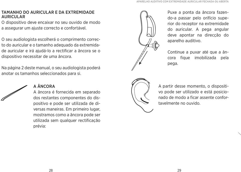 O seu audiologista escolherá o comprimento correcto do auricular e o tamanho adequado da extremidade auricular e irá ajudá-lo a rectificar a âncora se o dispositivo necessitar de uma âncora.