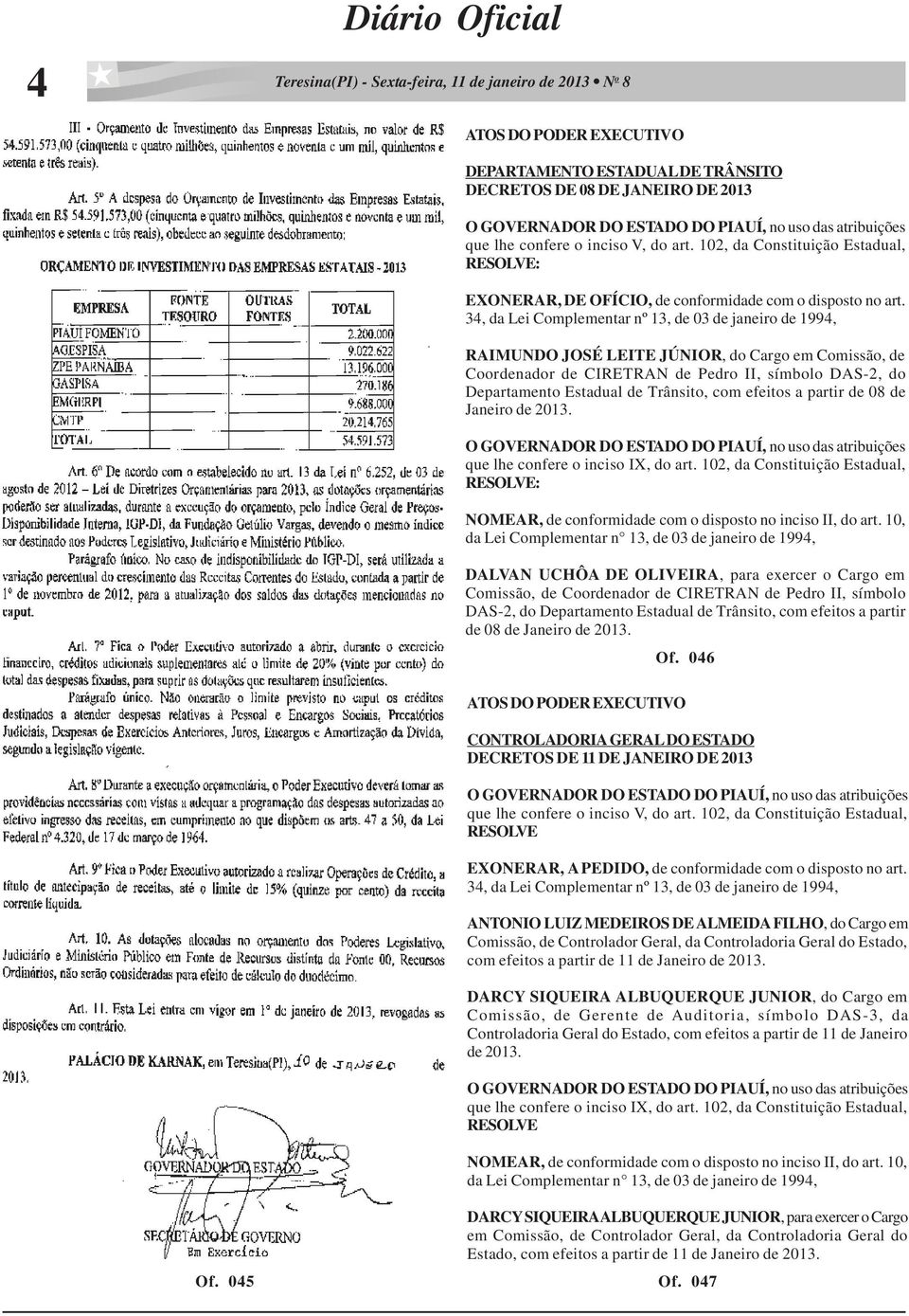 34, da Lei Complementar nº 13, de 03 de janeiro de 1994, RAIMUNDO JOSÉ LEITE JÚNIOR, do Cargo em Comissão, de Coordenador de CIRETRAN de Pedro II, símbolo DAS-2, do Departamento Estadual de Trânsito,