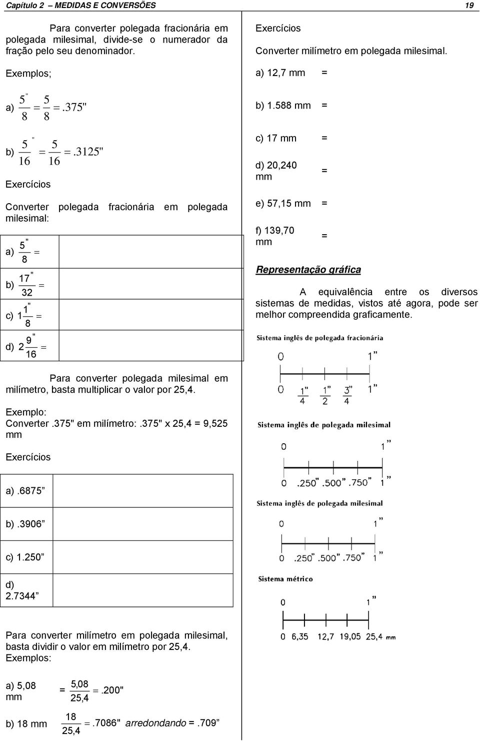 588 mm = c) 17 mm = d) 20,240 mm = e) 57,15 mm = f) 139,70 mm = Representação gráfica A equivalência entre os diversos sistemas de medidas, vistos até agora, pode ser melhor compreendida graficamente.