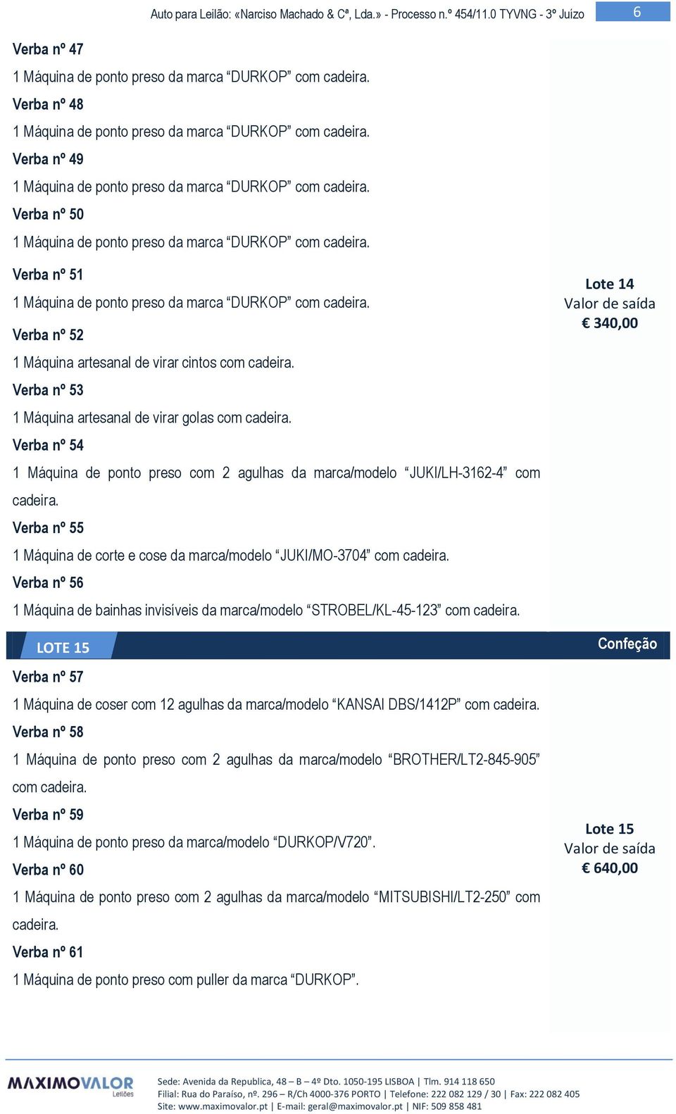 STROBEL/KL-45-123 com LOTE 15 Verba nº 57 1 Máquina de coser com 12 agulhas da marca/modelo KANSAI DBS/1412P com Verba nº 58 1 Máquina de ponto preso com 2 agulhas da marca/modelo BROTHER/LT2-845-905