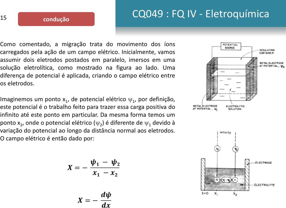 Uma diferença de potencial é aplicada, criando o campo elétrico entre os eletrodos.