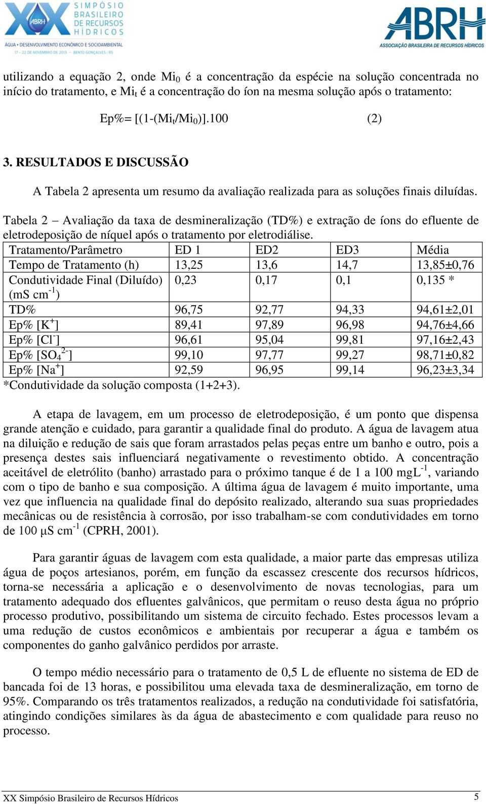 Tabela 2 Avaliação da taxa de desmineralização (TD%) e extração de íons do efluente de eletrodeposição de níquel após o tratamento por eletrodiálise.