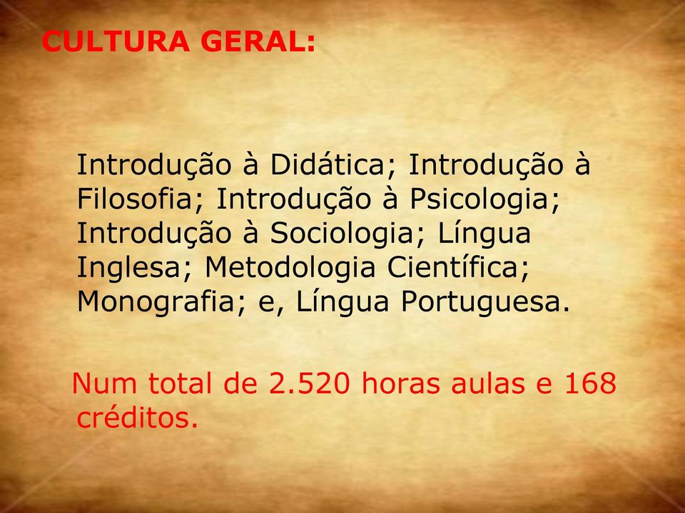 Sociologia; Língua Inglesa; Metodologia Científica;