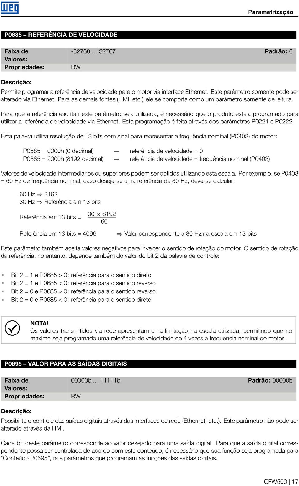 Para que a referência escrita neste parâmetro seja utilizada, é necessário que o produto esteja programado para utilizar a referência de velocidade via Ethernet.