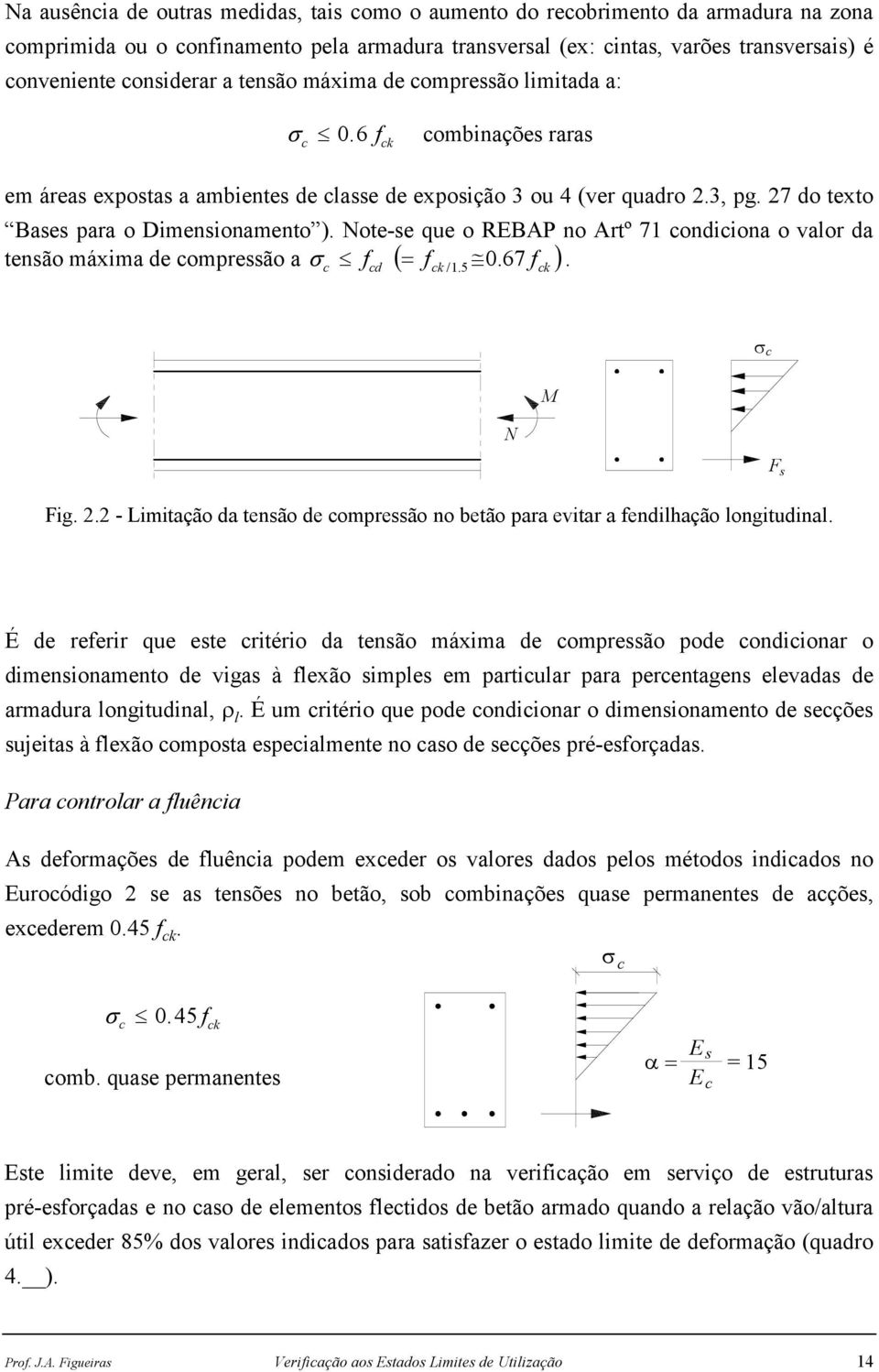 27 do texto Bases para o Dimensionamento ). Note-se que o REBAP no Artº 71 condiciona o valor da tensão máxima de compressão a σ c f ( = fck / 1.5 0. 67 f ck ). cd σ c N M F s Fig. 2.