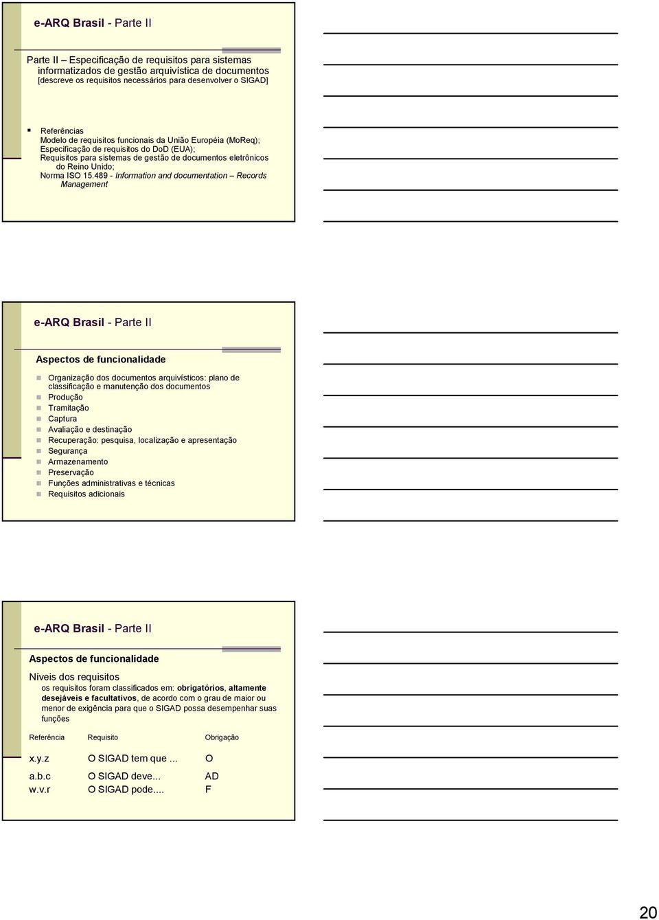 15.489 - Information and documentation Records Management e-arq Brasil - Parte II Aspectos de funcionalidade Organização dos documentos arquivísticos: plano de classificação e manutenção dos