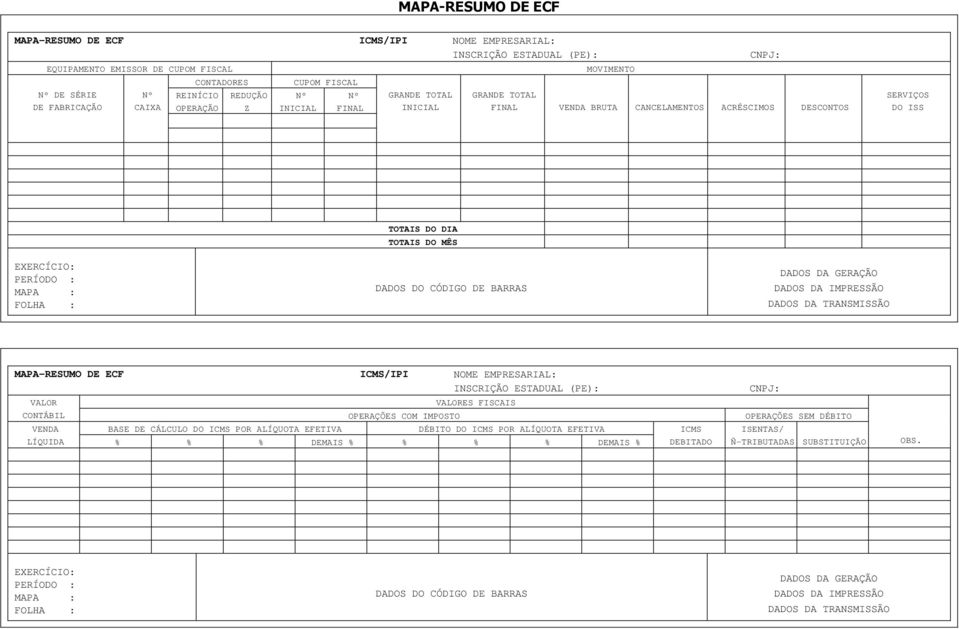 SERVIÇOS DO ISS TOTAIS DO DIA TOTAIS DO MÊS MAPA : MAPARESUMO DE ECF /IPI NOME EMPRESARIAL: INSCRIÇÃO ESTADUAL (PE): VENDA LÍQUIDA OPERAÇÕES COM IMPOSTO ES FISCAIS