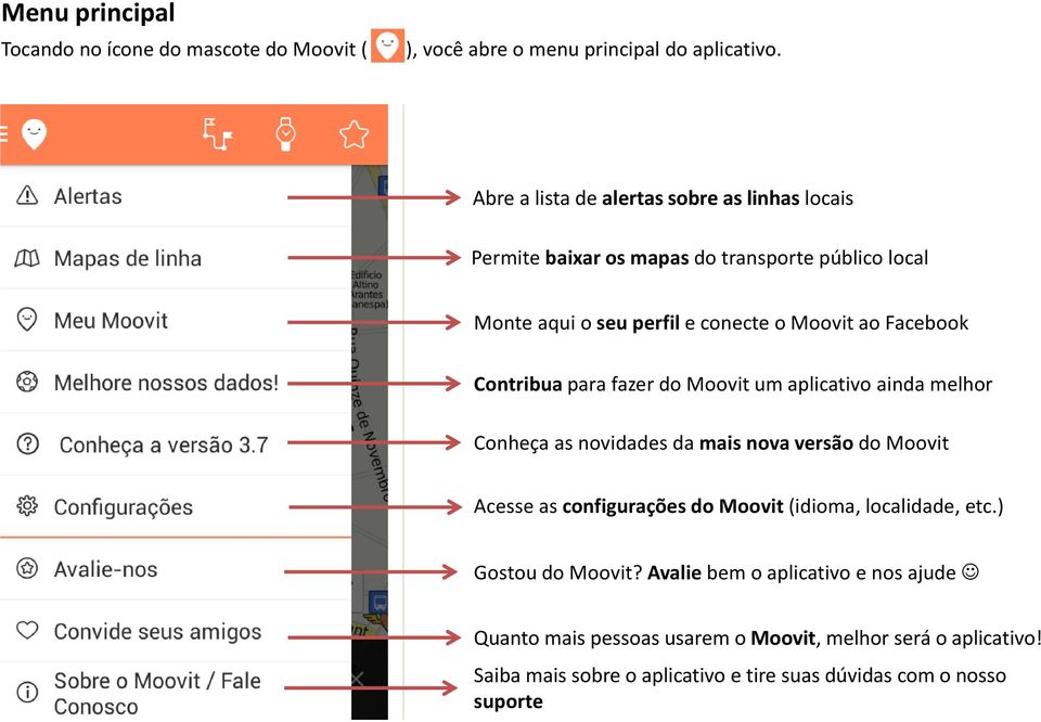 Facebook Contribua para fazer do Moovit um aplicativo ainda melhor Conheça as novidades da mais nova versão do Moovit Acesse as configurações do Moovit