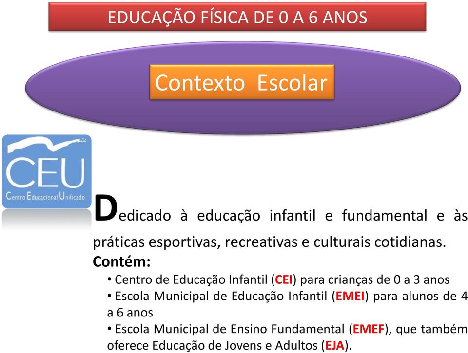 Contém: Centro de Educação Infantil (CEI) para crianças de 0 a 3 anos Escola Municipal de Educação