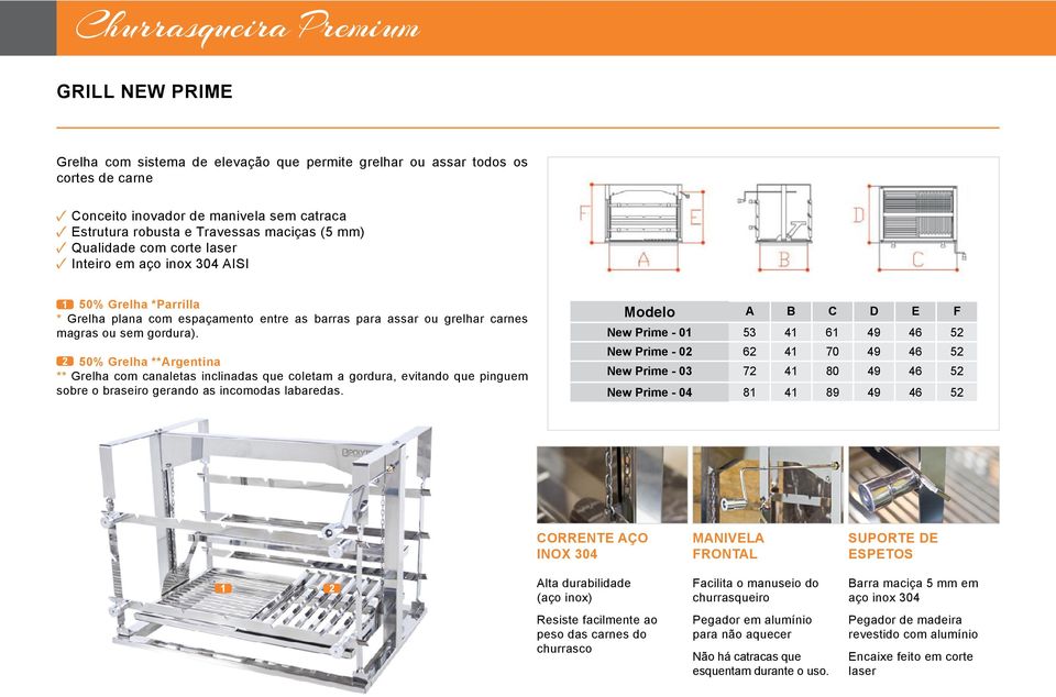 50% Grelha **Argentina ** Grelha com canaletas inclinadas que coletam a gordura, evitando que pinguem sobre o braseiro gerando as incomodas labaredas.