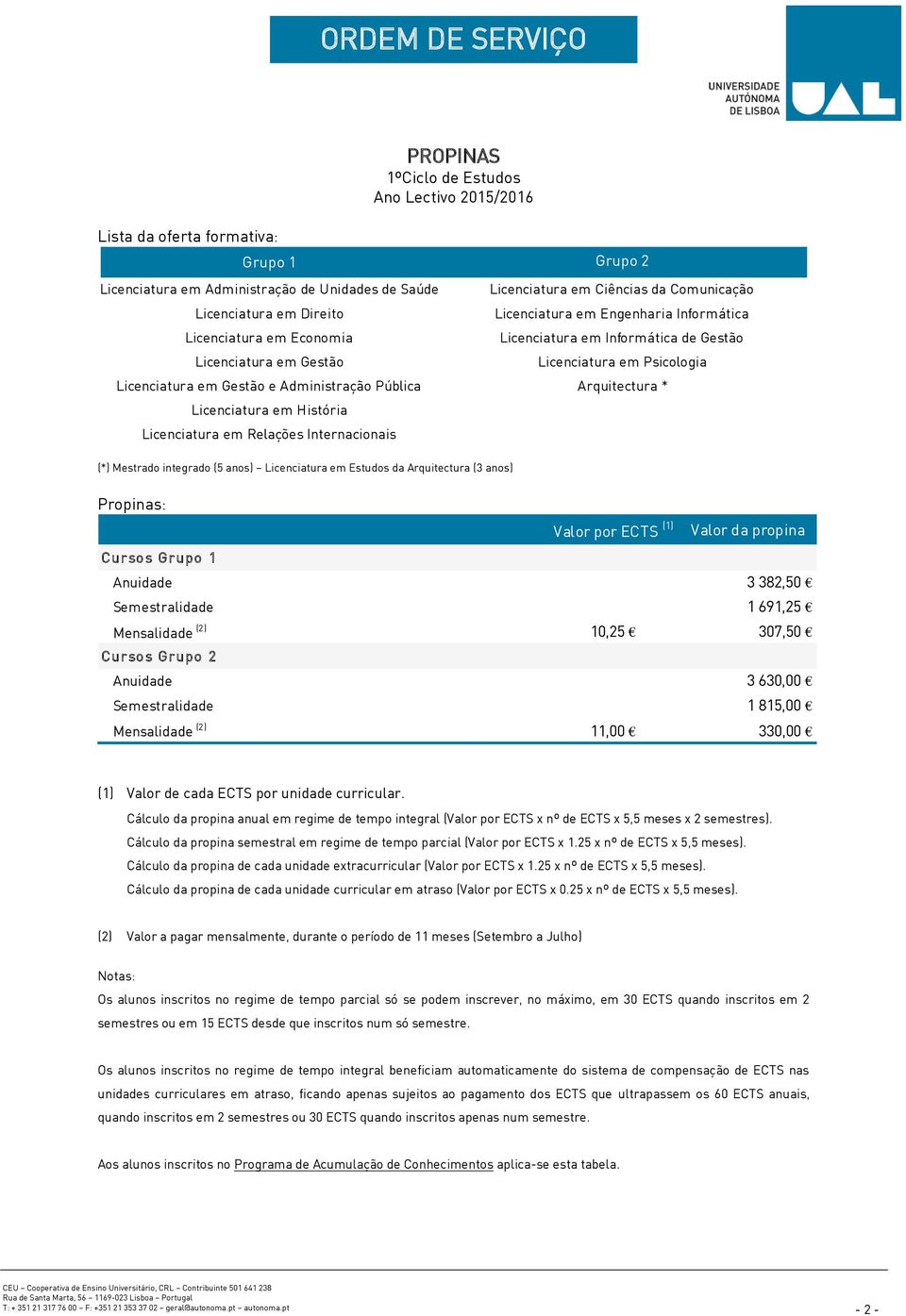 em Informática de Gestão Licenciatura em Psicologia Arquitectura * (*) Mestrado integrado (5 anos) Licenciatura em Estudos da Arquitectura (3 anos) Propinas: Valor por ECTS (1) Valor da propina