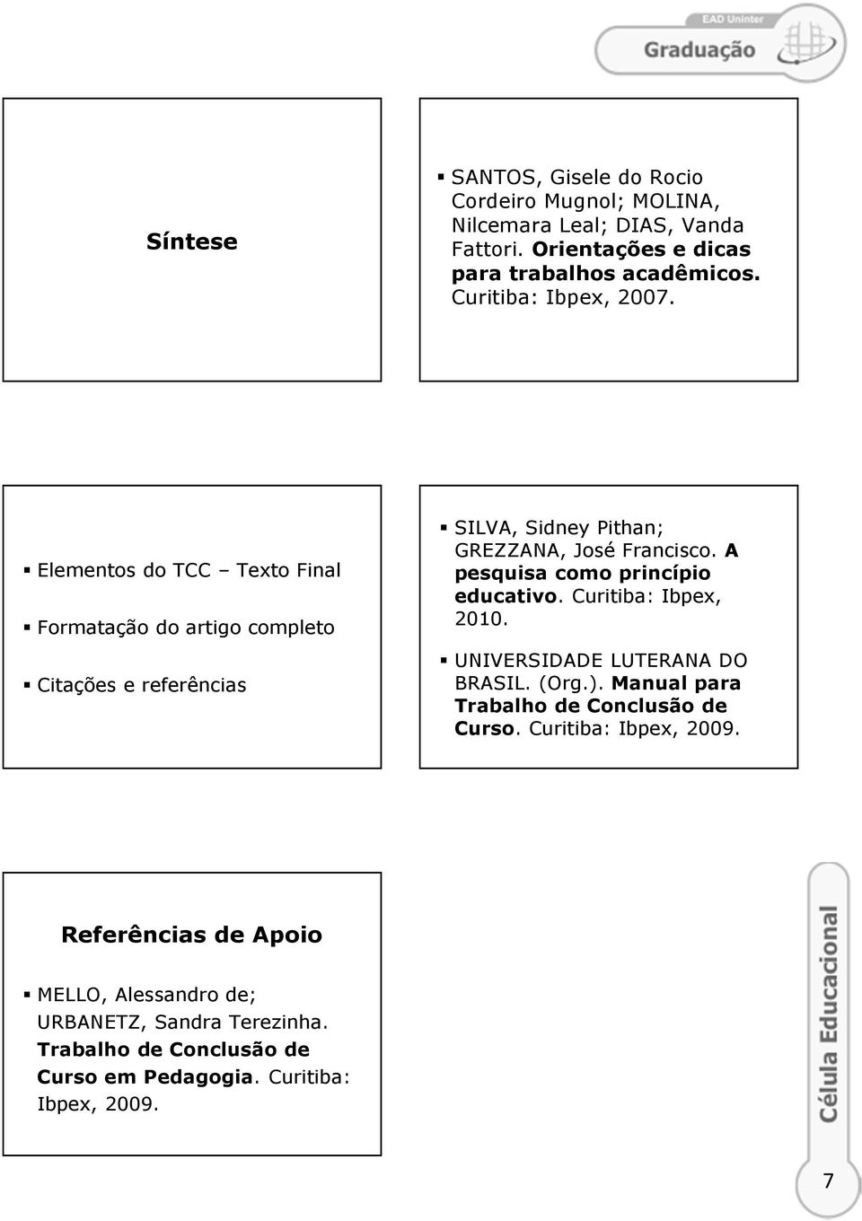 Elementos do TCC Texto Final Formatação do artigo completo Citações e referências SILVA, Sidney Pithan; GREZZANA, José Francisco.