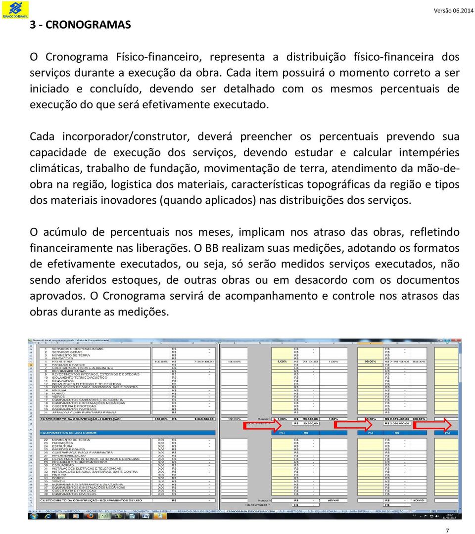 Cada incorporador/construtor, deverá preencher os percentuais prevendo sua capacidade de execução dos serviços, devendo estudar e calcular intempéries climáticas, trabalho de fundação, movimentação