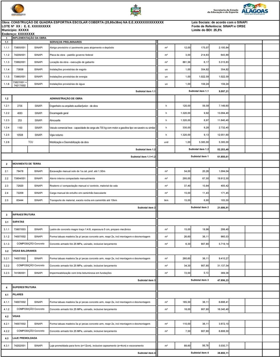 1.3 73992/001 SINAPI Locação da obra - execução de gabarito m² 861,56 6,17 5.315,83 1.1.4 73658 SINAPI Instalações provisórias de esgoto un 1,00 354,82 354,82 1.1.5 73960/001 SINAPI Instalações provisórias de energia un 1,00 1.