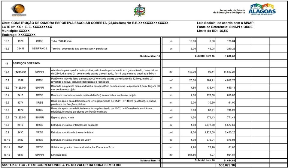 3 74126/001 SINAPI Alambrado para quadra poliesportiva, estruturado por tubos de aco galv anizado, com costura, din 2440, diametro 2", com tela de arame galvani zado, fio 14 bwg e malha quadrada