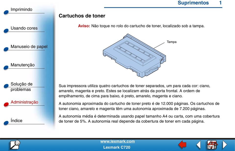 A ordem de empilhamento, de cima para baixo, é preto, amarelo, magenta e ciano. A autonomia aproximada do cartucho de toner preto é de 12.000 páginas.