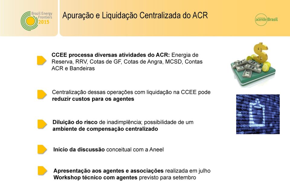 os agentes Diluição do risco de inadimplência; possibilidade de um ambiente de compensação centralizado Início da discussão