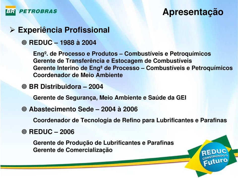 de Processo Combustíveis e Petroquímicos Coordenador de Meio Ambiente BR Distribuidora 2004 Gerente de Segurança, Meio Ambiente e