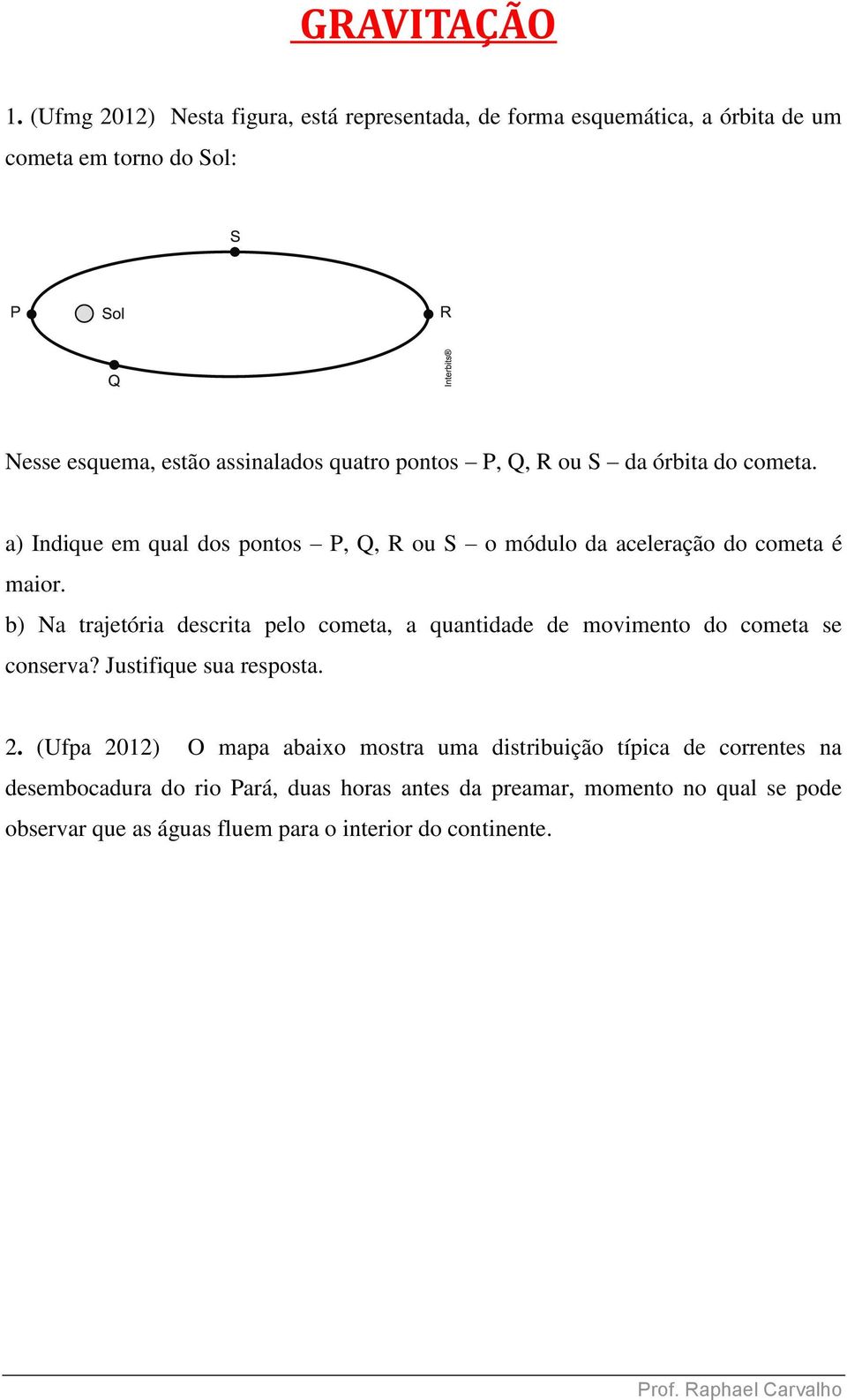 P, Q, R ou S da órbita do cometa. a) Indique em qual dos pontos P, Q, R ou S o módulo da aceleração do cometa é maior.