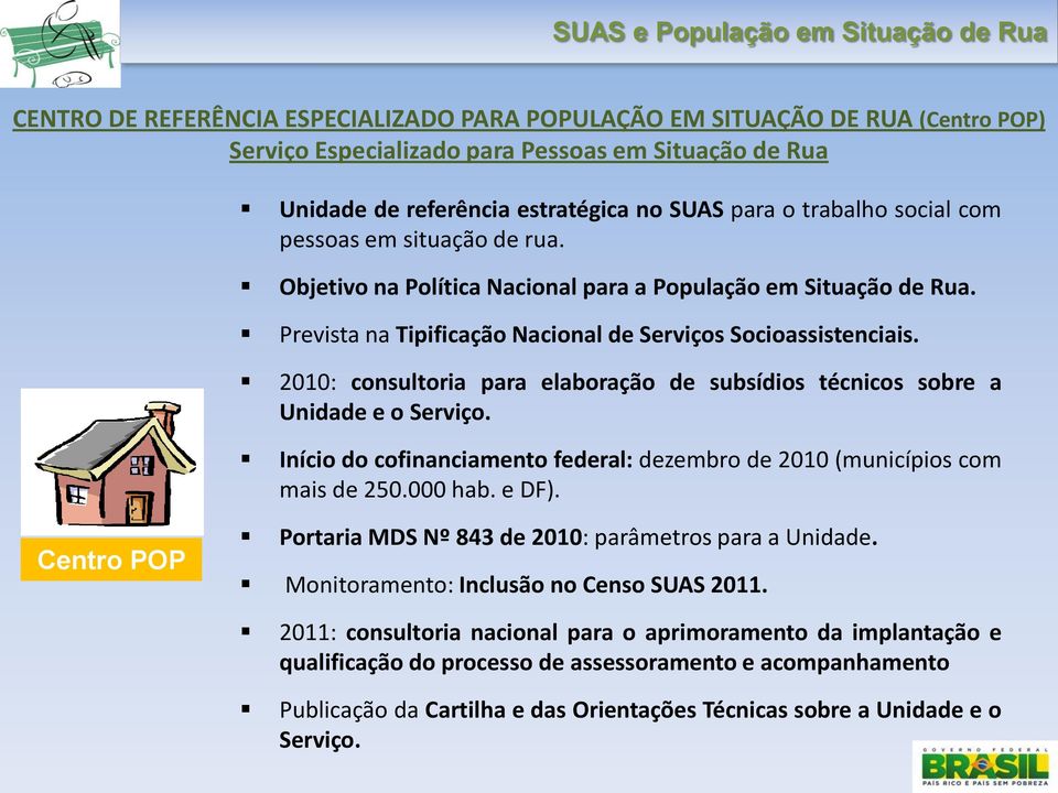 2010: consultoria para elaboração de subsídios técnicos sobre a Unidade e o Serviço. Início do cofinanciamento federal: dezembro de 2010 (municípios com mais de 250.000 hab. e DF).