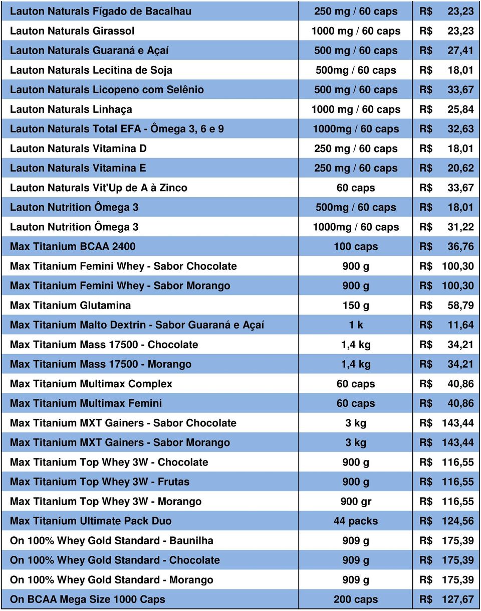 caps R$ 32,63 Lauton Naturals Vitamina D 250 mg / 60 caps R$ 18,01 Lauton Naturals Vitamina E 250 mg / 60 caps R$ 20,62 Lauton Naturals Vit'Up de A à Zinco 60 caps R$ 33,67 Lauton Nutrition Ômega 3