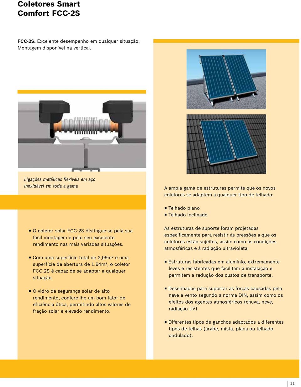 coletor solar FCC-2S distingue-se pela sua fácil montagem e pelo seu excelente rendimento nas mais variadas situações. Com uma superfície total de 2,09m² e uma superfície de abertura de 1.