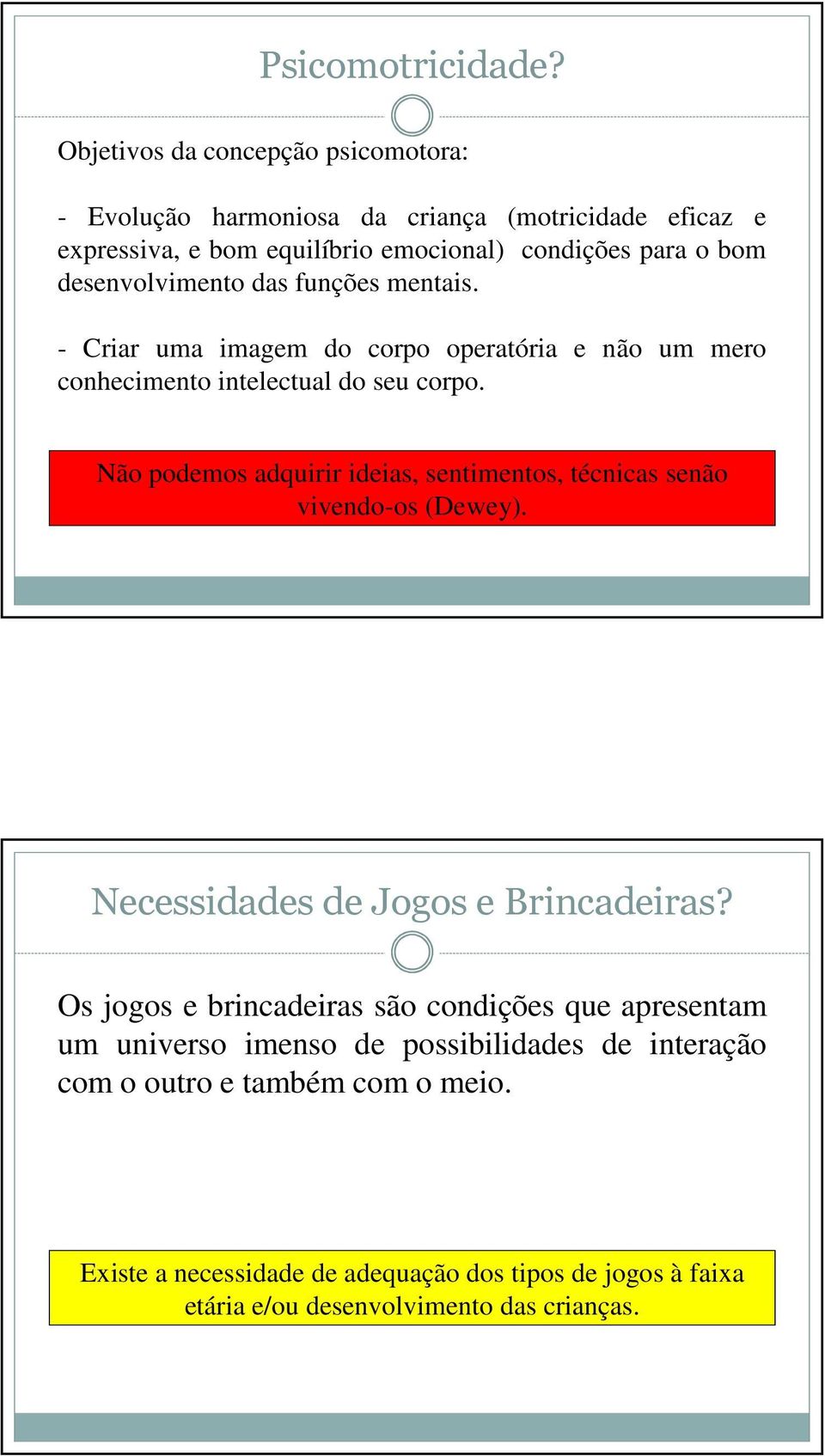 desenvolvimento das funções mentais. - Criar uma imagem do corpo operatória e não um mero conhecimento intelectual do seu corpo.